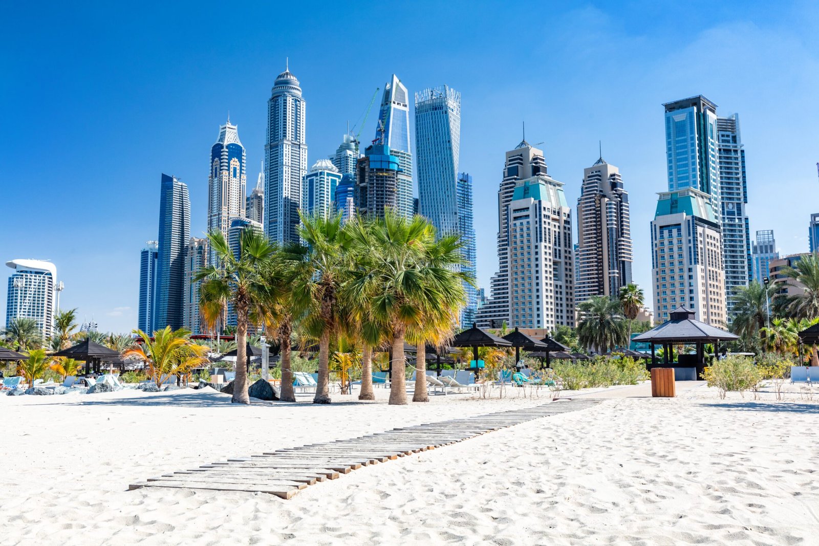 Dubai jumeirah beach with marina skyscrapers in UAE